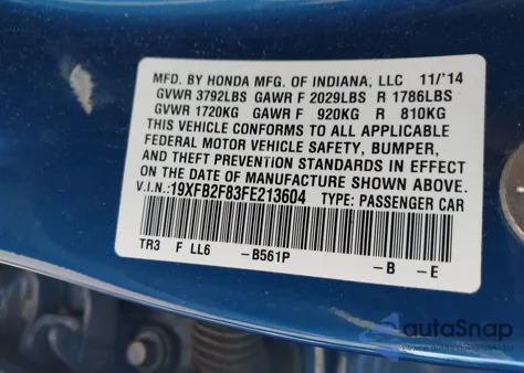 2015 Honda Civic Ex из США, поврежденный, VIN 19XFB2F83FE213604